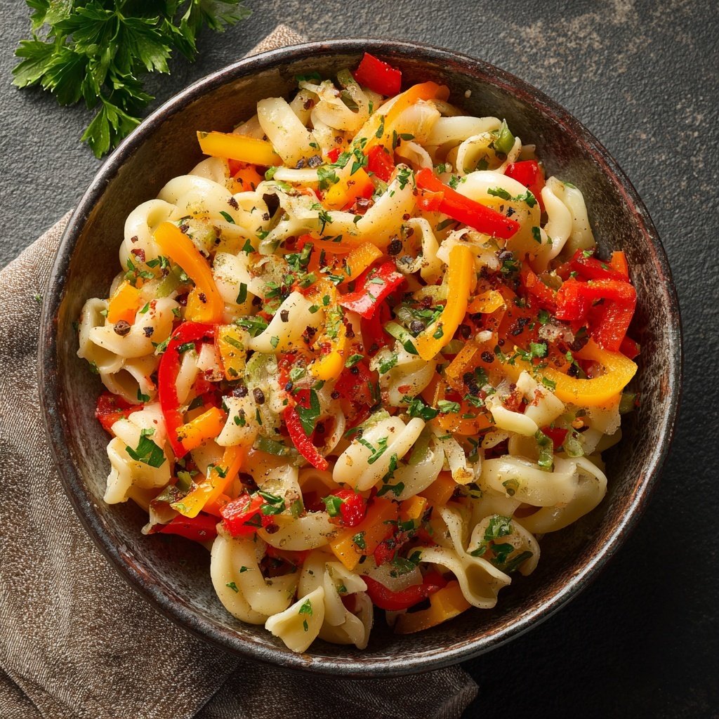 Mediterraner Nudelsalat Mit Paprika Würfeln