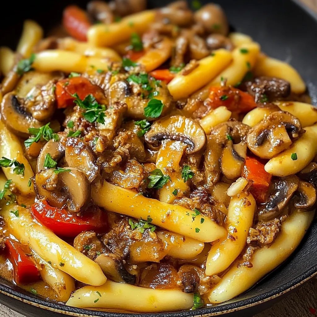 Schupfnudel Hackpfanne mit Champignons und Paprika